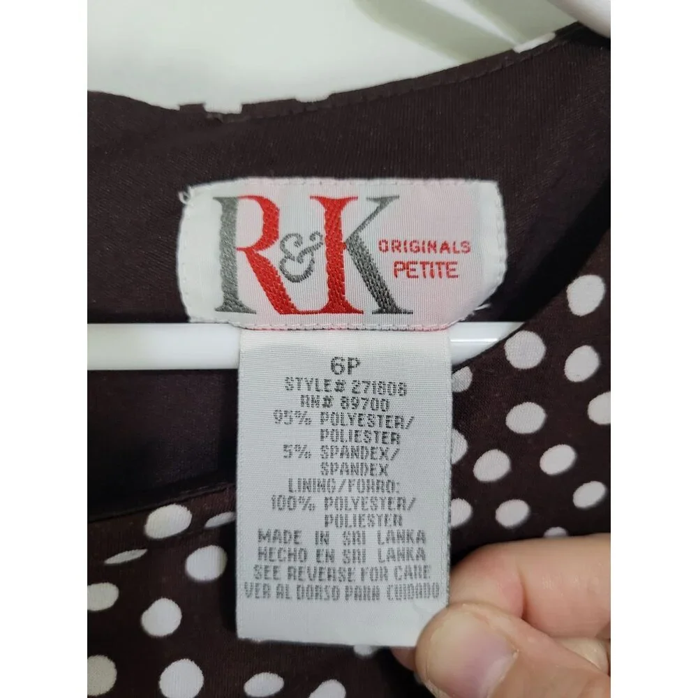 R & K Originals Petite SZ 6P Vintage Polka Dot Brown White Dress Classic Mature - Picture 4 of 7